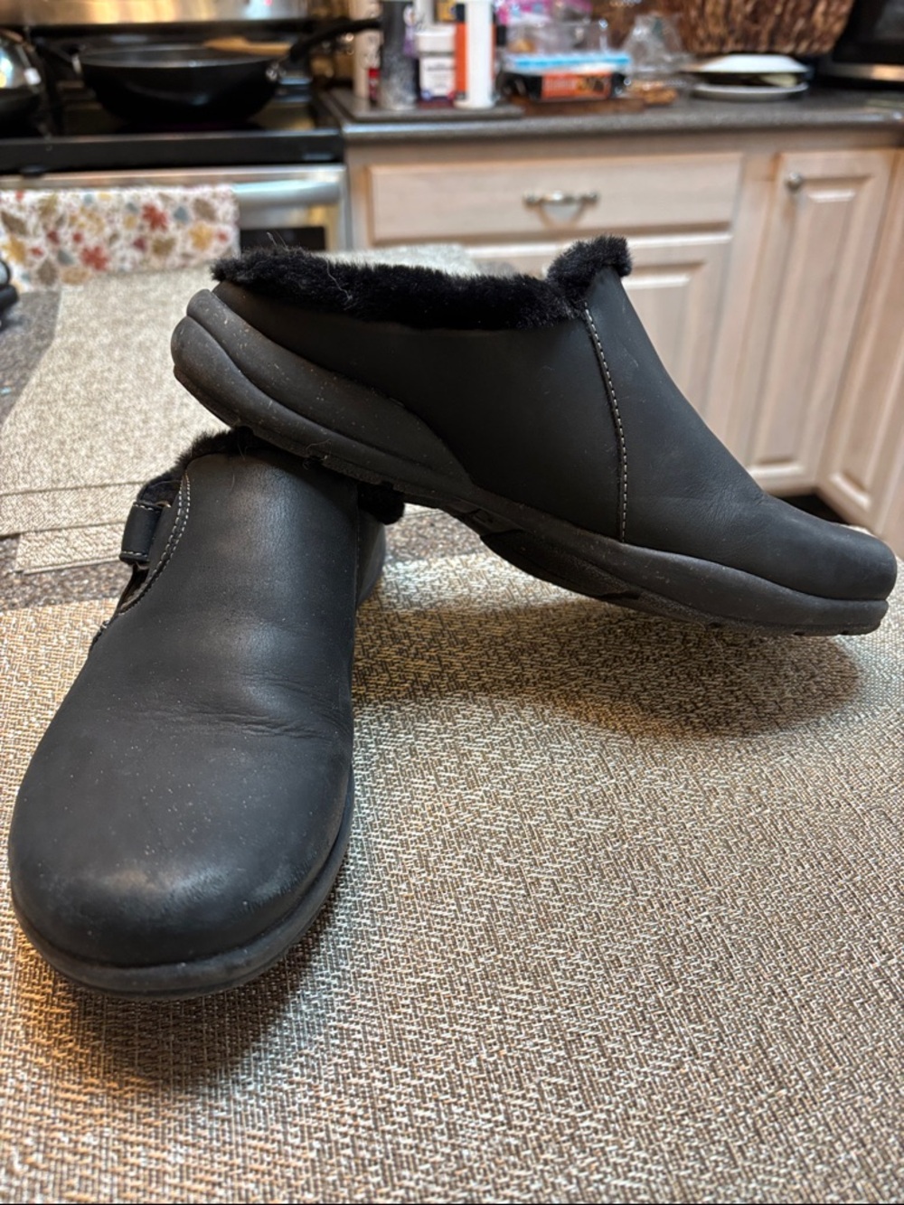 Clarks Black Faux-Fur Lined Slip-On Clogs